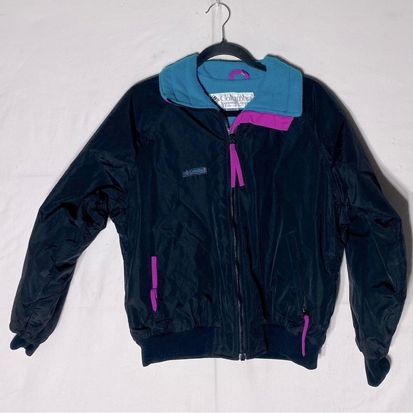 Vintage Columbia Black Teal Pink Fleece Lined Wind Breaker M - Picture 1 of 13